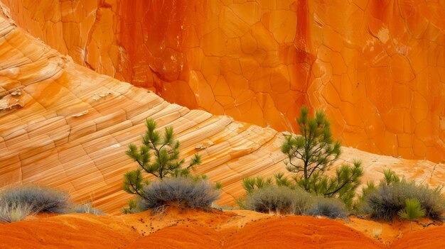 Photo vibrant red sandstone formations with contrasting green bushes in desert landscape