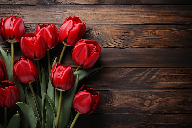 Vibrant red tulips grace a rustic wooden backdrop