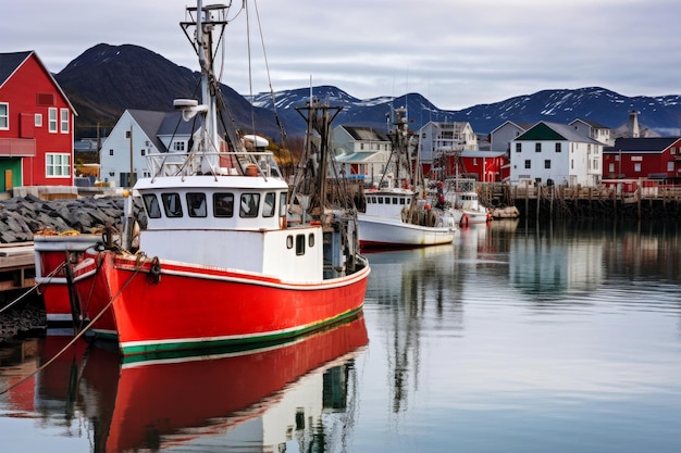 A vibrant red and white boat peacefully rests in a harbor surrounded by calm waters and colorful buildings in the background