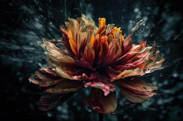 Vibrant red and yellow flower being splashed with water created with Generative AI technology