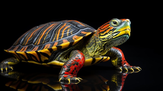 Photo vibrant redeared slider turtle on black background