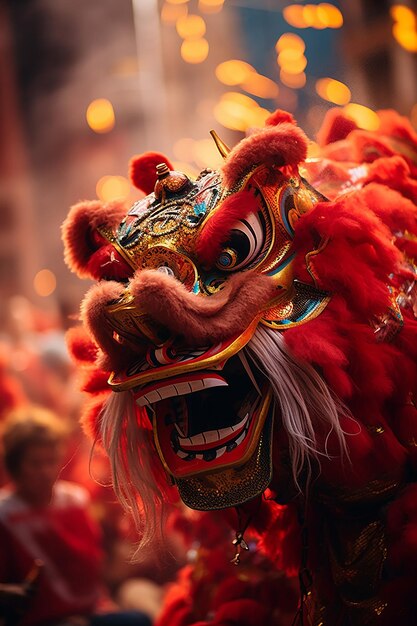 Photo the vibrant reds and golds of a traditional dragon dance performance on chinese new year