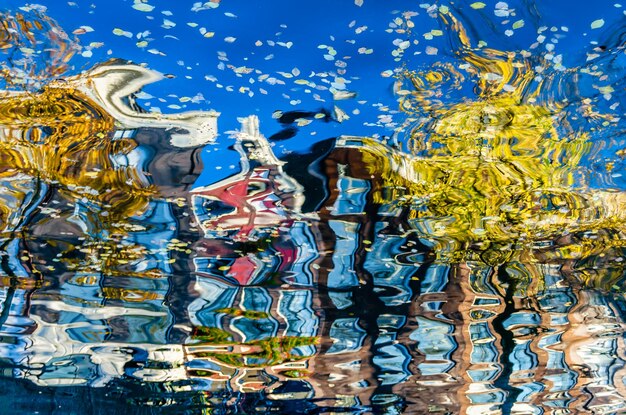 Vibrant reflection of the colorful buildings along the canal in amsterdam the netherlands