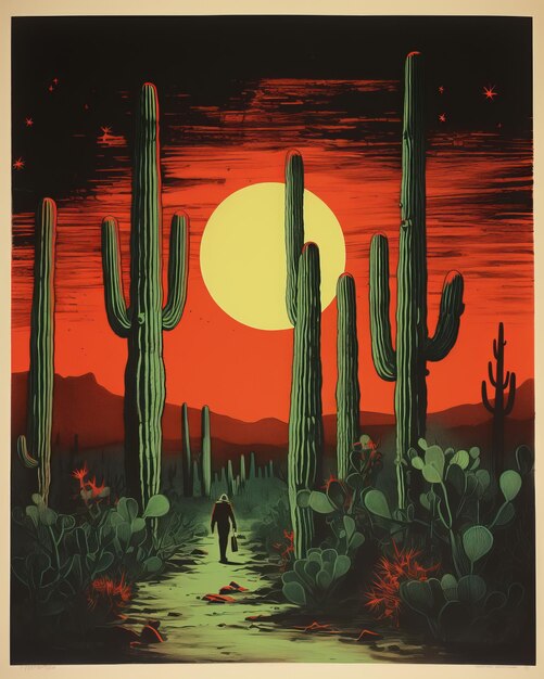 Vibrant Reflections A Colorised Lithograph Showcasing Arizona's Neon Cactuses Published at the Pre