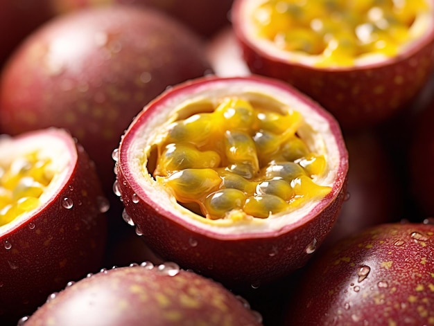 Vibrant and Refreshing CloseUp of WaterDrenched Passion Fruit Generated by AI