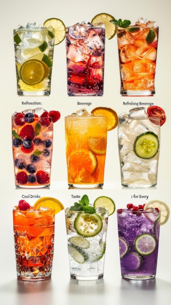 Vibrant refreshing summer drinks with fruit and ice