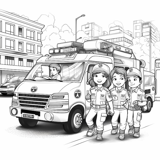 鮮やかなレスポンダー子供用塗り絵アニメーション救急車トラックシェーディングなし