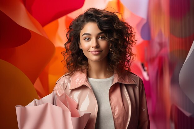 Photo vibrant retail experience young woman with shopping bags colorful background accentuates style generative ai