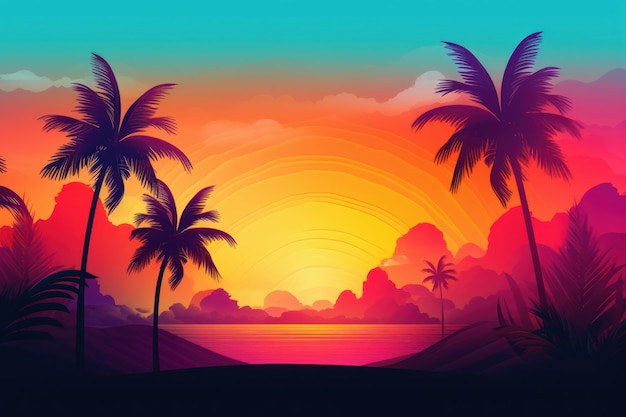 Vibrant retro vintage style of sunset sky beach with sun and palm trees background banner