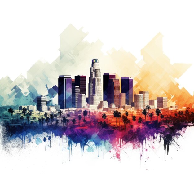 Vibrant Reverie Los Angeles Skyline and Majestic Mountains in a Whimsical Watercolor Splash