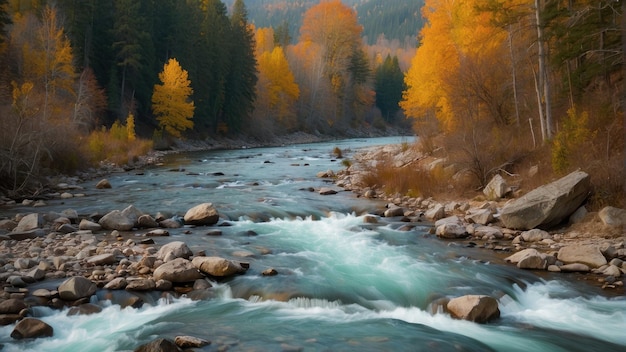 秋の森の中の活気のある川