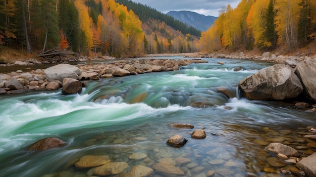 Vibrant river amidst autumnal forest