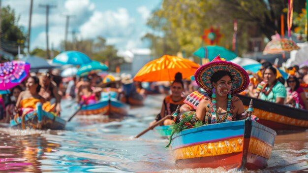 A vibrant river festival with colorful floats and lively music celebrating the cultural heritage and importance of rivers in local communities