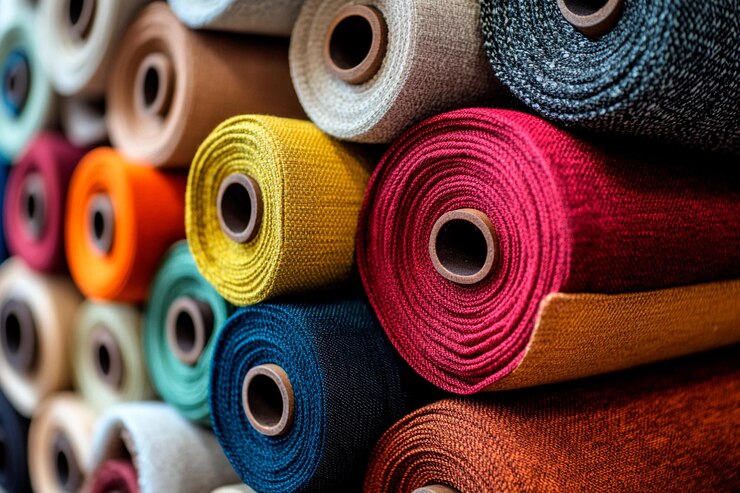 Photo vibrant rolls of fabric stacked neatly in a textile shop during the afternoon light