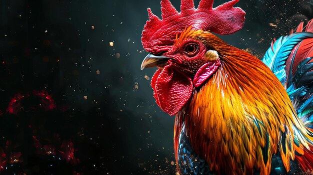 Photo vibrant rooster portrait with vivid colors on dark background