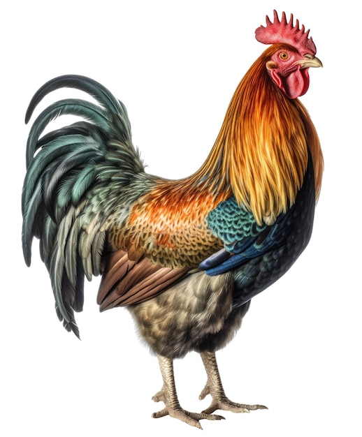 A vibrant rooster standing against a dark background in a transparent png format Generative AI