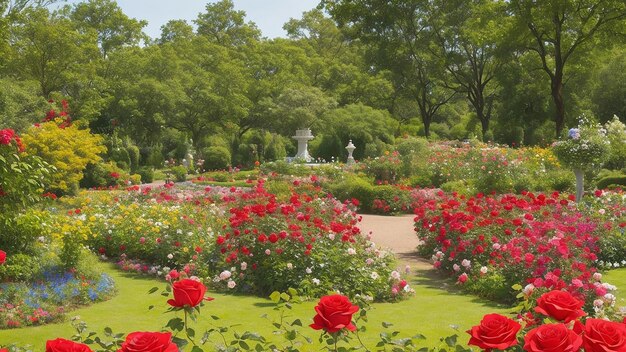 A vibrant rose garden bursting with color and life surrounded by a lush green landscape