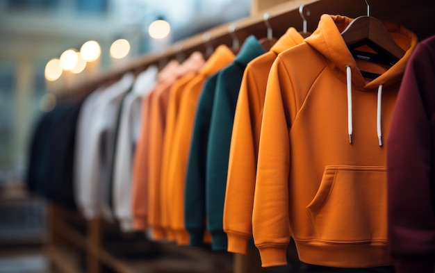 A vibrant row of assorted sweatshirts hanging on a rack in a rainbow of hues