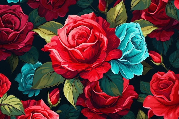 Vibrant ruby roses and jade leaves pattern