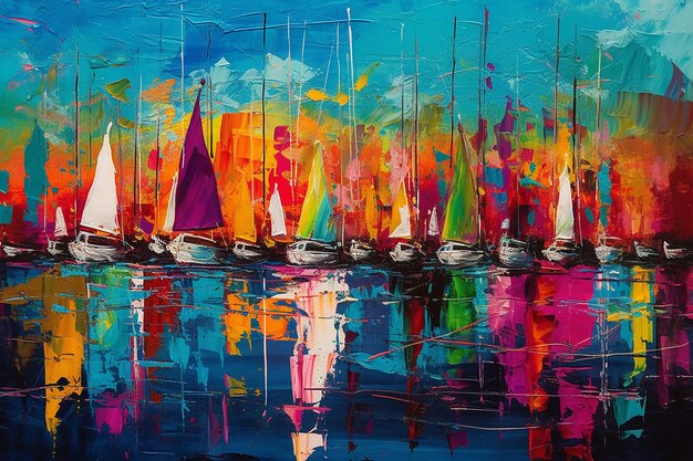 Vibrant sailboat skylines in glitch art mixed media