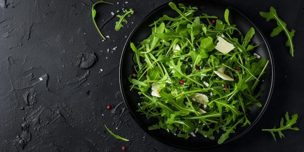 Vibrant Salad Featuring Arugula Cheese On Sleek Black Backdrop Ample Empty Space