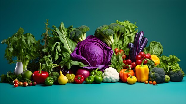 Vibrant salad ingredients arranged on a solid colored background