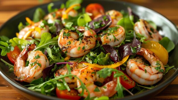 A vibrant salad of mixed greens heirloom tomatoes and grilled shrimp drizzled with a zesty citrus