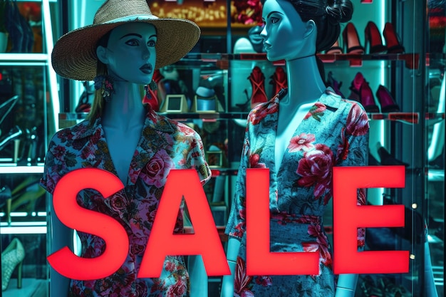 Photo vibrant sale sign above a mannequin in a boutique window