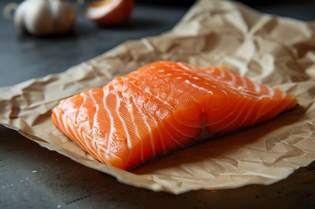 A vibrant salmon fillet with distinctive marbling peppered and ready for cooking