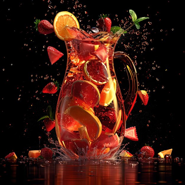 Яркий кувшин сангрии с брызгами фруктов и льда, концепция летнего освежения, шипучий напиток в действии AI