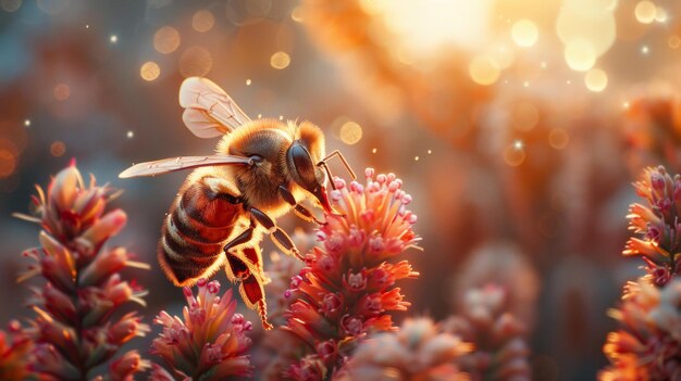 Vibrant scene of a bee on a flower the tiny pollinator crucial role in our ecosystem captured in a single detailed frame AI Generative