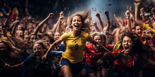 Vibrant scene of exuberant celebration among women's soccer players and their passionate fans