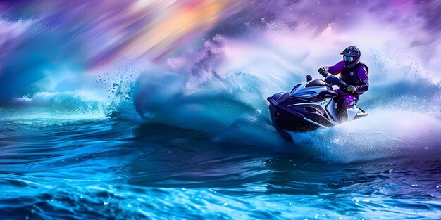 Foto scena vibrante persona su jet ski in acque energetiche e colorate concetto sport acquatici d'estate divertimento azione fotografia avventure all'aperto colori vibranti