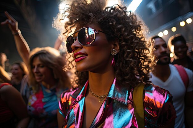 vibrant scene of a retro dance party in the 80s Picture a lively crowd of people dressed in iconic 80s fashion surrounded by neon lights and disco balls