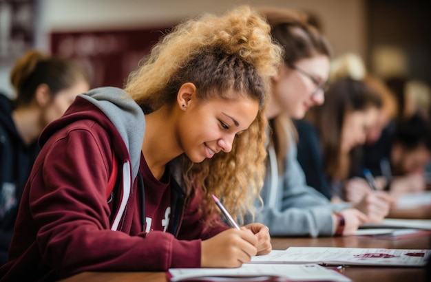 Foto una scena vibrante si svolge nella giornata internazionale dell'istruzione che mostra diversi studenti impegnati nell'apprendimento che simboleggia la condivisione globale delle conoscenze e l'empowerment educativo per un futuro più luminoso