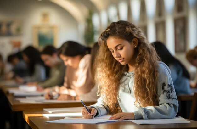 Foto una scena vibrante si svolge nella giornata internazionale dell'istruzione che mostra diversi studenti impegnati nell'apprendimento che simboleggia la condivisione globale delle conoscenze e l'empowerment educativo per un futuro più luminoso