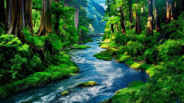 Vibrant scenery of a river in the middle of a forest in yakushima japan