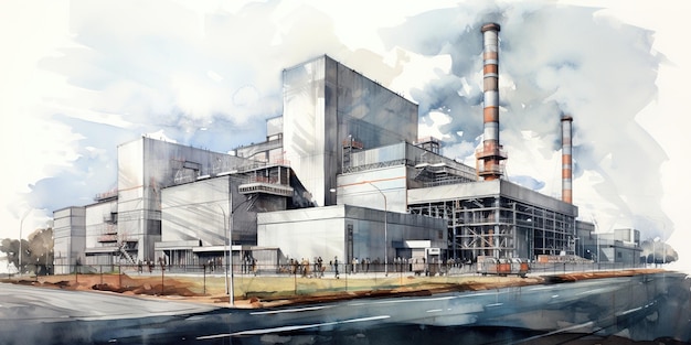 A vibrant schematic depiction of a massive factory with intricate pipe networks portrays industrial activity in a colorful and structured manner AI Generative AI