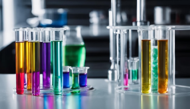Vibrant Science Een spectrum van kleurrijke oplossingen in laboratoriumflessen