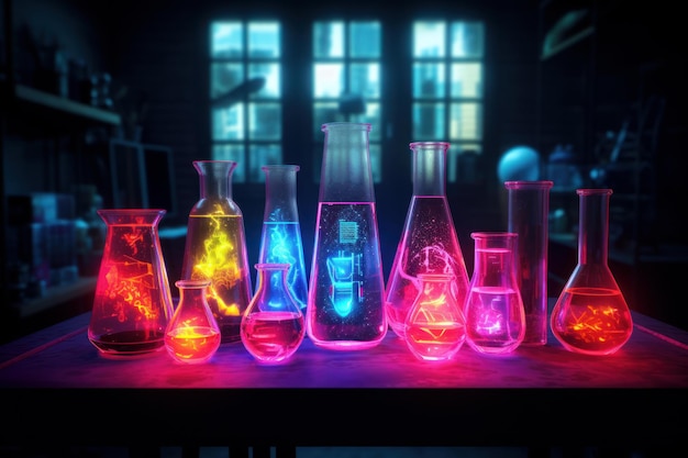 活発な科学エリクシア ネオンで輝く実験室のガラス器具
