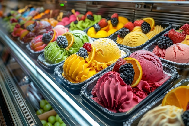 Vibrant scoops of traditional Italian gelato in assorted fruit flavors