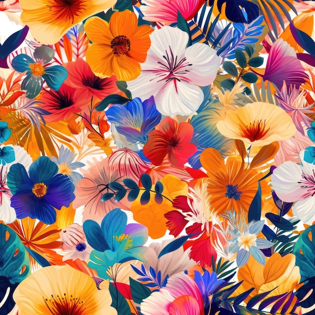 A vibrant seamless pattern of stylized flowers in full bloom