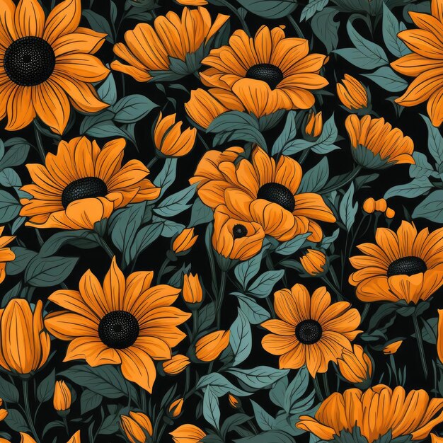 Vibrant seamless pattern with orange flowers on a dark background tiled