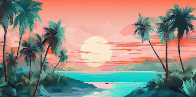 Vibrant Seascape with Colorful Watermelon Palm Trees for an Unforgettable View