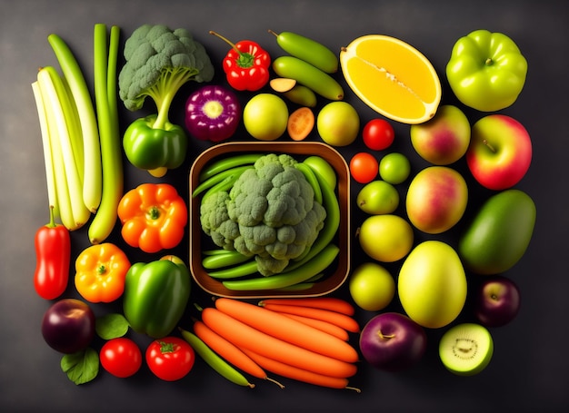 最適な健康のための健康的な果物と野菜の活気に満ちた選択 AI によって生成されたアートワーク