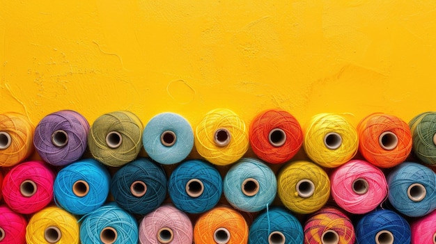 写真 黄色い背景に麗に並べられた活発な縫製糸