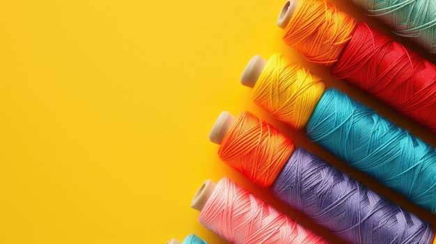 Vibrant sewing threads beautifully arranged on a yellow background