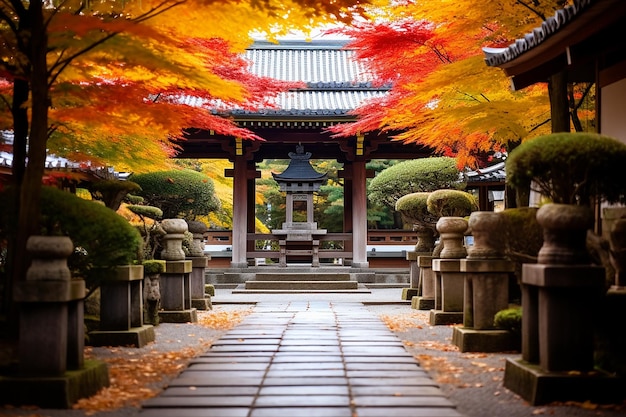 写真 紅葉に囲まれた鮮やかな神社