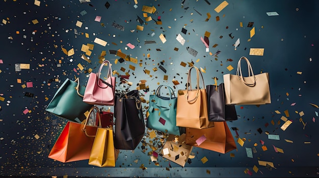 Vibrant Shopping Bags on Golden Confetti Background