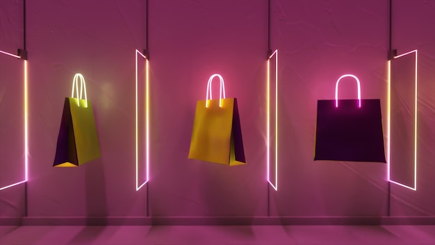 Vibrant shopping bags with neon outlines